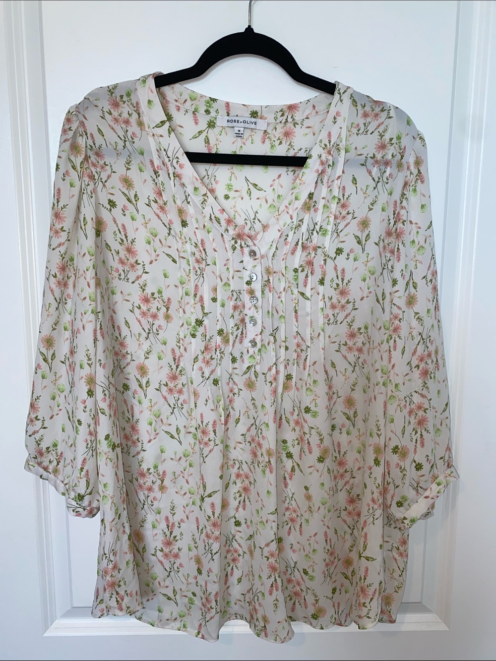 Rose & Olive Sheer Floral V‑Neck Blouse in Cream and Pink